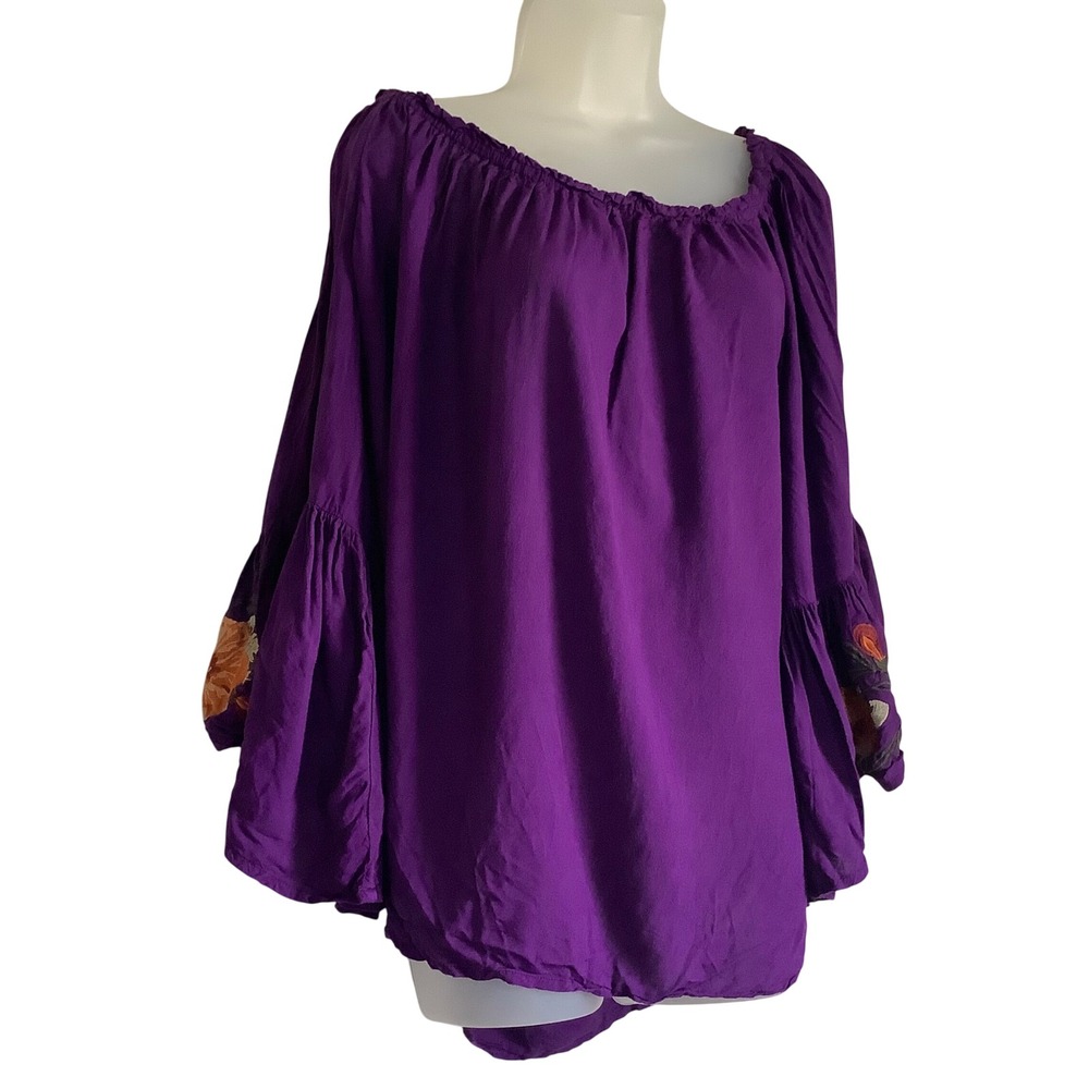 Ashley Stewart Purple Embroidered Bell Sleeve Peasant Blouse Top Plus Size 20